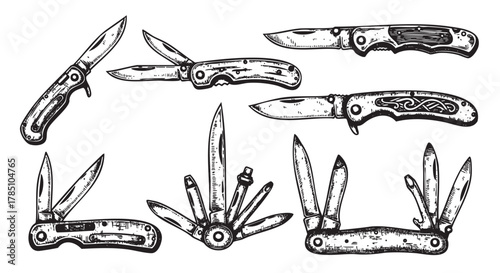 Black and white vintage-style illustration depicting various folding pocket knives in different positions and designs, showcasing blades and handles.