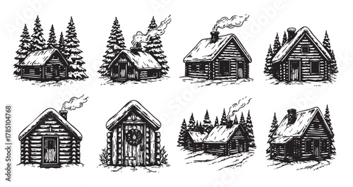 Eight detailed black and white illustrations of wooden cabins, each surrounded by snow-topped pine trees, with distinctive roof styles and chimneys emitting smoke.