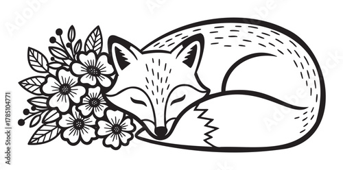 Black and white line drawing of a curled up fox resting beside a cluster of blooming flowers, featuring intricate details and patterns.