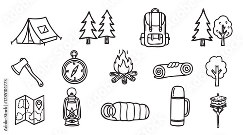 Black outline sketches of various camping gear including a tent, trees, backpack, axe, compass, fire, rolled blanket, lantern, sleeping bag, thermos, and smores.