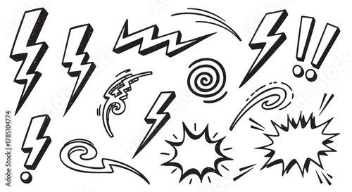 Hand-drawn black-and-white comic style elements, including lightning bolts, spirals, swirls, and exclamation marks, creating an energetic and dynamic effect.