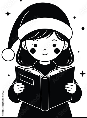 Black and White Cute Vector Illustration of a Child or Girl Wearing a Santa Hat, Reading a Book with Stars, Representing Christmas Story Time, Education, or Holiday Cheer Design