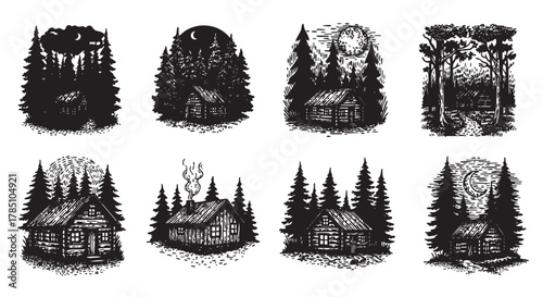 Black and white illustrations of rustic cabins nestled within forests, showcasing different night and day scenes with trees and celestial elements.