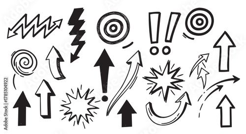 Hand-drawn elements including arrows, exclamation marks, target circles, and dynamic starbursts in black ink.