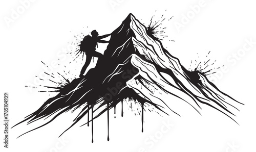 Silhouette of a climber scaling a rugged, jagged mountain peak with dramatic splashes and drips around the summit.