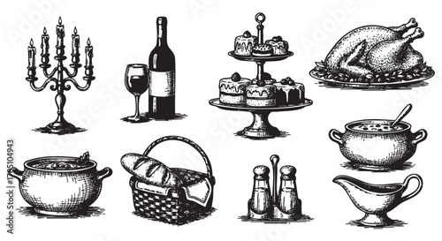 Black and white vintage-style illustration of a lavish dinner table with a candelabra, wine, cakes, roast turkey, soup pot, bread basket, salt and pepper shakers, and gravy boat.