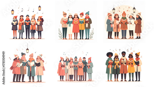 Collection of Christmas vector illustration of people singing Christmas carols, full body characters on white background for festive artwork, perfect for Christmas Holidays Banner templates.	