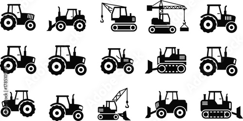 Large Black Silhouette Vector Icon Set of Various Tractors, Farm Equipment, Construction Vehicles, Mobile Cranes, and Bulldozers for Agricultural, Engineering, and Industrial Design Projects