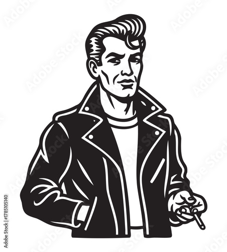 Black and white illustration of a young caucasian male in a classic leather jacket holding a cigarette, with distinctive slicked-back hair.
