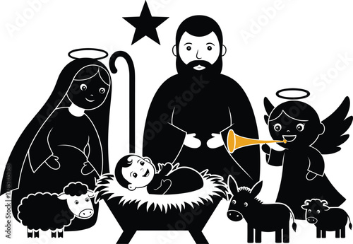 Black Silhouette Vector Illustration of Nativity Scene with Virgin Mary, Baby Jesus, Joseph, Angel, Star of Bethlehem, Sheep, Donkey, and Cow for Christmas Holiday Design