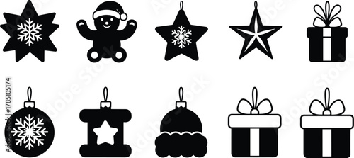 Black Silhouette Christmas and Winter Holiday Vector Icon Set, Featuring Gift Boxes, Star Ornaments with Snowflakes, Gingerbread Man, and Decorative Baubles for Festive Design