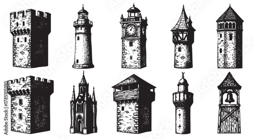 Set of ten intricately detailed black and white sketch-style tower illustrations, featuring varied historical architectural designs.