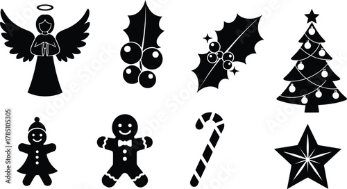 Black Silhouette Christmas Holiday Icons Vector Set with Angel, Holly Berries, Decorated Fir Tree, Gingerbread Men, Candy Cane, and North Star for Seasonal Decoration and Design
