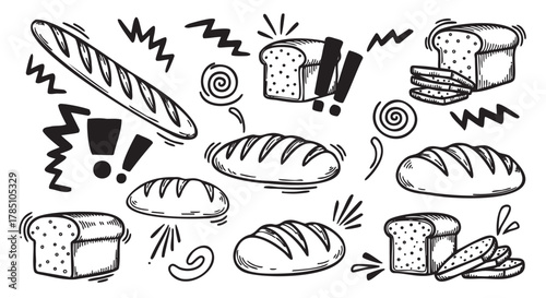 Variety of hand-drawn bread illustrations featuring baguettes, sliced loaves, and baguette-style breads with bold, expressive outlines and decorative elements.