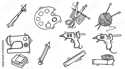 Hand-drawn sketch of various crafting tools including a paintbrush, palette, scissors with knitting project, yarn ball, sewing machine, pencil, glue guns, ruler, and measuring tape.