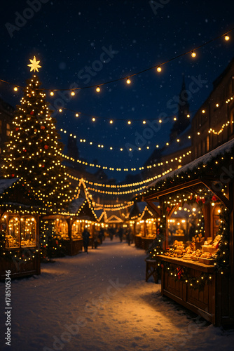 Christmas Market at Night with Festive Lights and Snowy Decorations