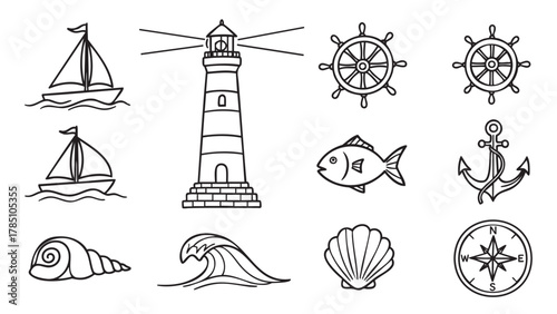 Black outline vector icons of nautical elements including a lighthouse, sailboats, ship wheels, fish, anchors, seashells, wave, and compass rose.