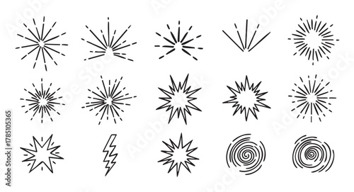 A collection of black outline starburst and spiral icons, featuring various explosive and radiating shapes for design concepts.
