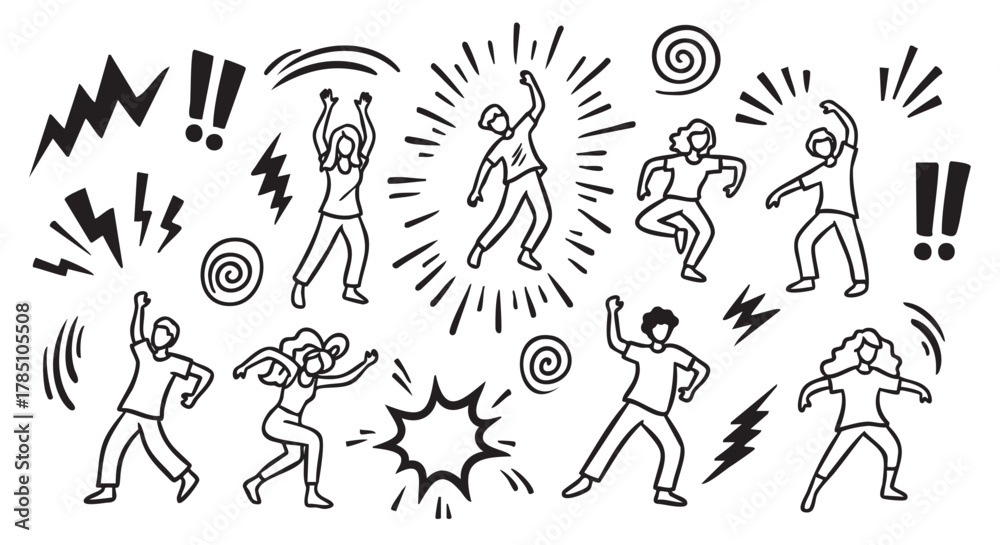 Fototapeta premium Hand-drawn monochrome illustration of diverse figures energetically dancing, surrounded by dynamic motion lines and expressive symbols like exclamation marks and spirals.