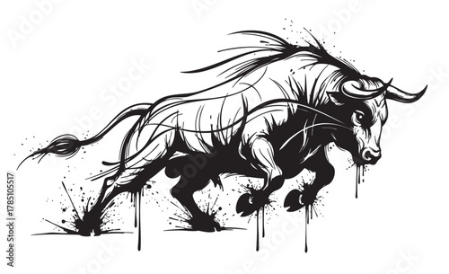 Black ink sketch of a powerful charging bull with dynamic brushstrokes and splattered ink details, conveying movement and energy.