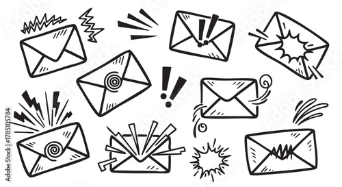 Hand-drawn black and white doodles of various envelopes, each featuring unique decorative elements like exclamation marks and dynamic lines.
