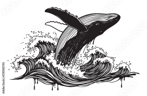 Black and white line art of a majestic humpback whale breaching through swirling ocean waves with detailed splashes.