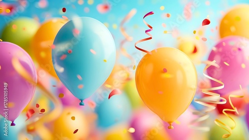 Colorful balloons float in the air, creating a festive atmosphere. Ribbons and confetti add to the celebratory mood