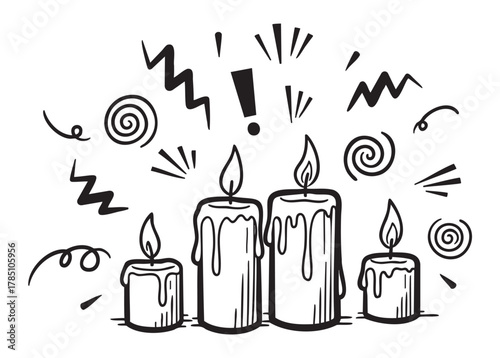 Black and white hand-drawn illustration of four lit candles with wax drippings and various abstract design elements around them.