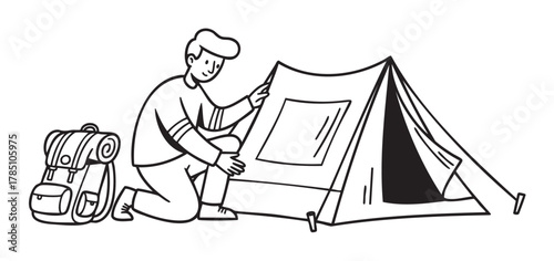 Black outline vector drawing of a young caucasian male setting up a triangular camping tent beside a backpack.
