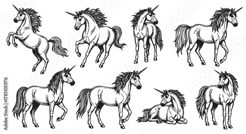 Eight black and white drawings of unicorns depicted in various poses with flowing manes and tails. each unicorn is sketched with detailed features and unique stances.