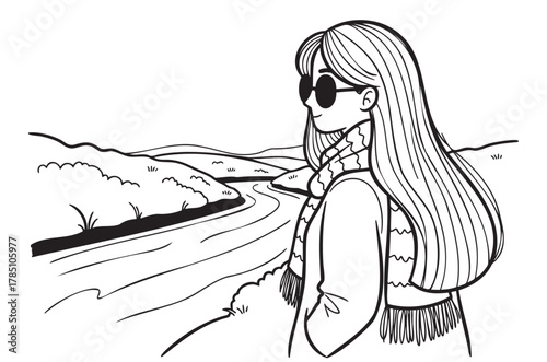 Black and white illustration of a young woman with long hair, wearing sunglasses and a scarf, gazing over a scenic landscape with a river and hills.