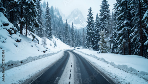 Snowy Mountain Road Through Forest