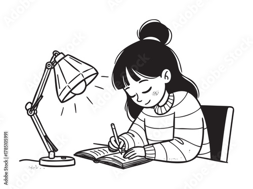 Young asian female with long hair writing in a notebook under a glowing desk lamp, dressed in a striped sweater and smiling with closed eyes.