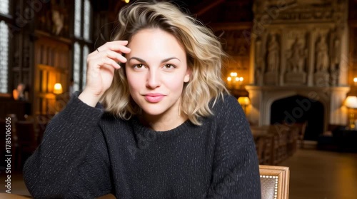 Smiling young adult woman in a cozy wood-paneled church hall, looking at camera; warm autumn/winter indoor vibe.