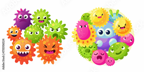 A diverse group of cartoon bacteria and viruses with various expressions and colors