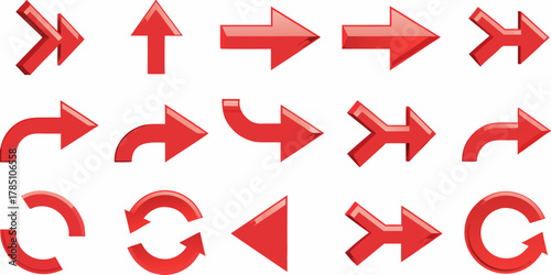 Collection of shiny red arrows pointing in various directions and shapes on a white background