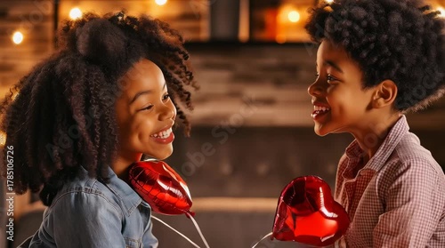 Two smiling children, a girl and boy, hold red heart balloons indoors; warm lights suggest Valentine's celebration.