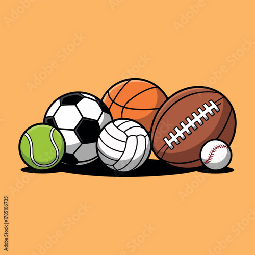 A collection of assorted sports balls including soccer, basketball, volleyball, football, tennis, and baseball.