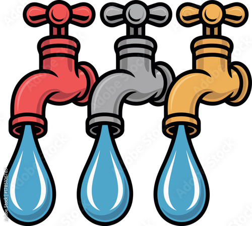 Three colorful taps are dripping water into large droplets below them.