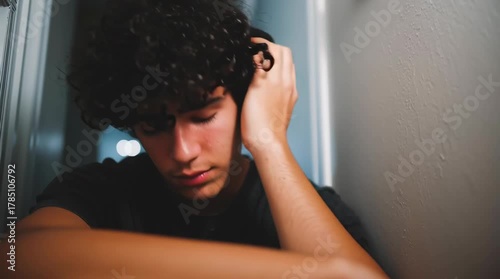 Young man in dark hallway, head in hand, moody year‑round indoor scene for mental health background or commercial.
