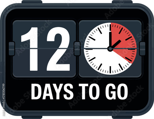 A vintage flip clock shows 12 days remaining with a partially filled clock face.