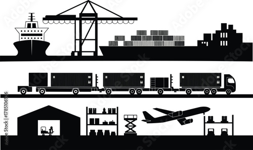 Global logistics and transportation system with cargo ship, trucks, warehouse storage and air freight illustrating worldwide supply chain and distribution network