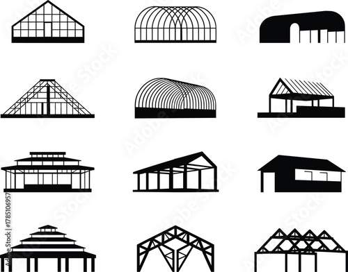 Greenhouse and pavilion structure silhouettes set, architectural frame icons for gardening, farming shelters, botanical garden buildings, construction design elements