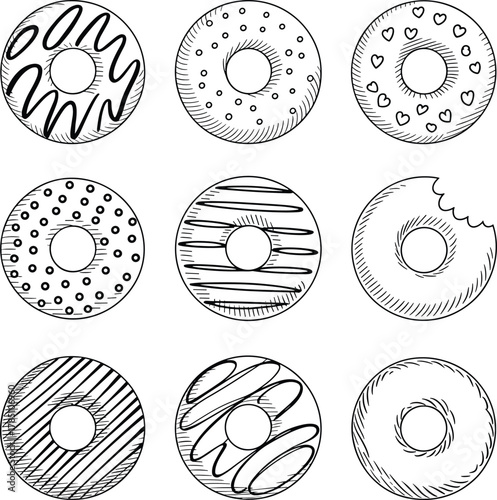 Hand drawn donut set with icing and sprinkles, cute doodle dessert collection, black and white coloring page food illustration