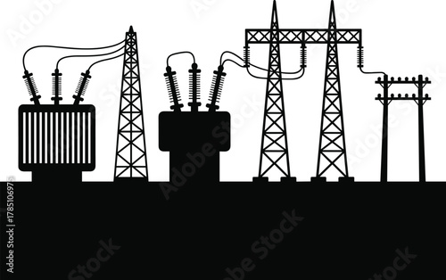 High voltage electrical substation with transformers and transmission towers, energy distribution infrastructure, industrial power grid system silhouette vector illustration