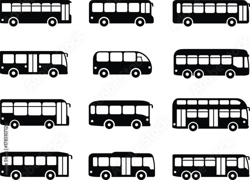 Public transportation bus icons set featuring city buses, shuttle vehicles, travel coaches, transit transport silhouettes for transportation design and infographic use
