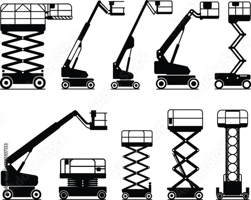 Set of aerial work platform and scissor lift silhouette icons for construction equipment, industrial maintenance, building service and height access operations