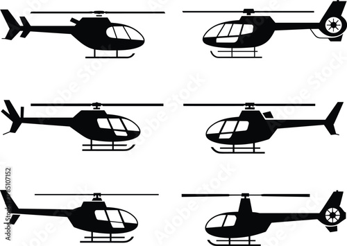 Set of helicopter silhouette icons showing different aircraft designs for aviation illustration, rescue transport, emergency service, military and air travel concepts