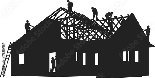Silhouette construction workers building house roof frame structure, teamwork carpentry labor industry development, home renovation and residential architecture project