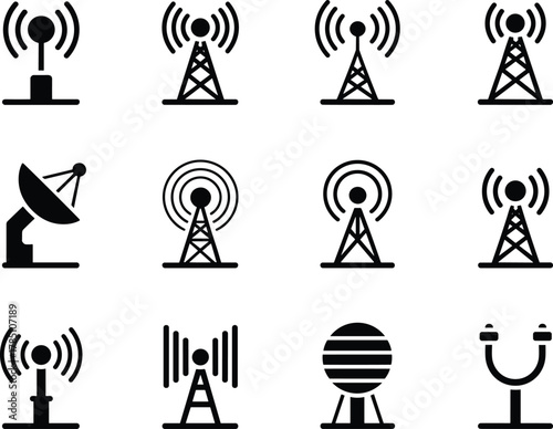 Wireless communication antenna icons set representing radio signal, broadcast tower, satellite dish, network connectivity symbols for digital communication design